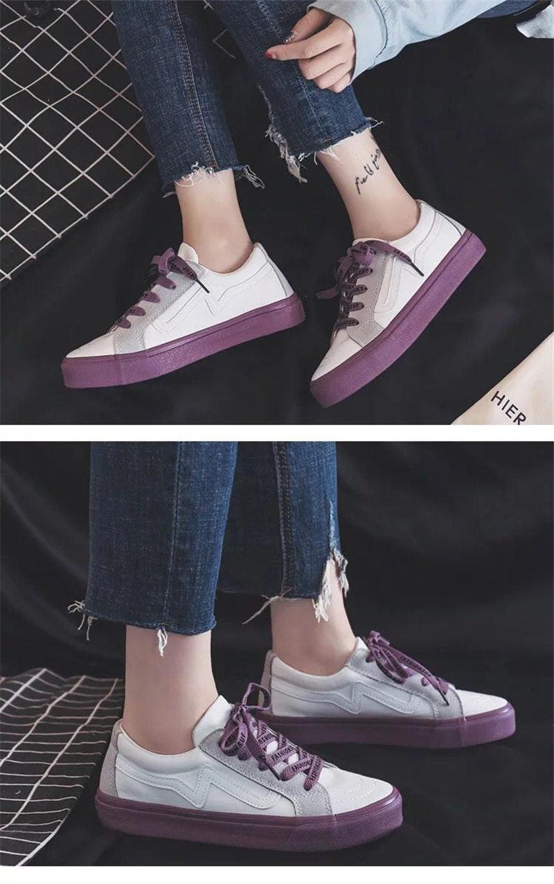 Stevvex women's white canvas sneakers with purple outsole and laces, low-top casual on Tampa Home & Garden Store