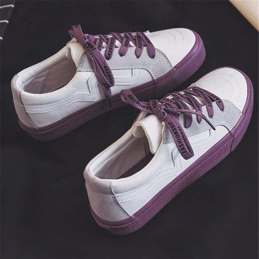 Stevvex women's sneakers white canvas with purple outsole lace-up low-top pair on Tampa Home & Garden Store