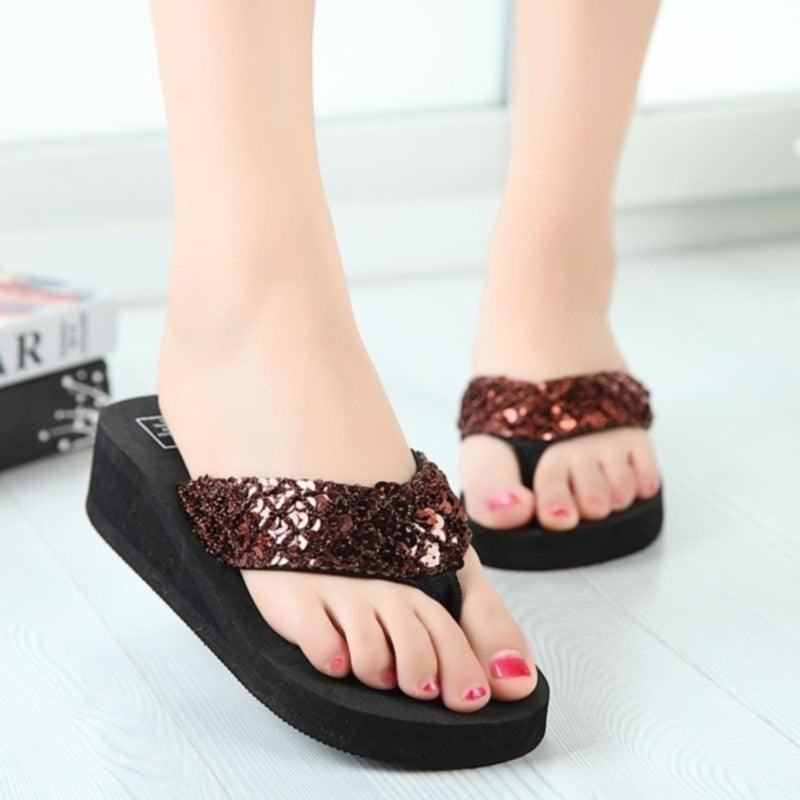 Stevvex women's sequin slide sandals with black sole and sequin strap pair on Tampa Home & Garden Store