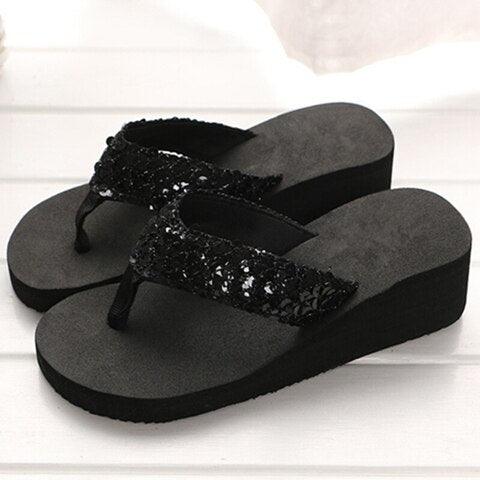 Stevvex black sequin platform sandals with thong strap and thick wedge sole on Tampa Home & Garden Store