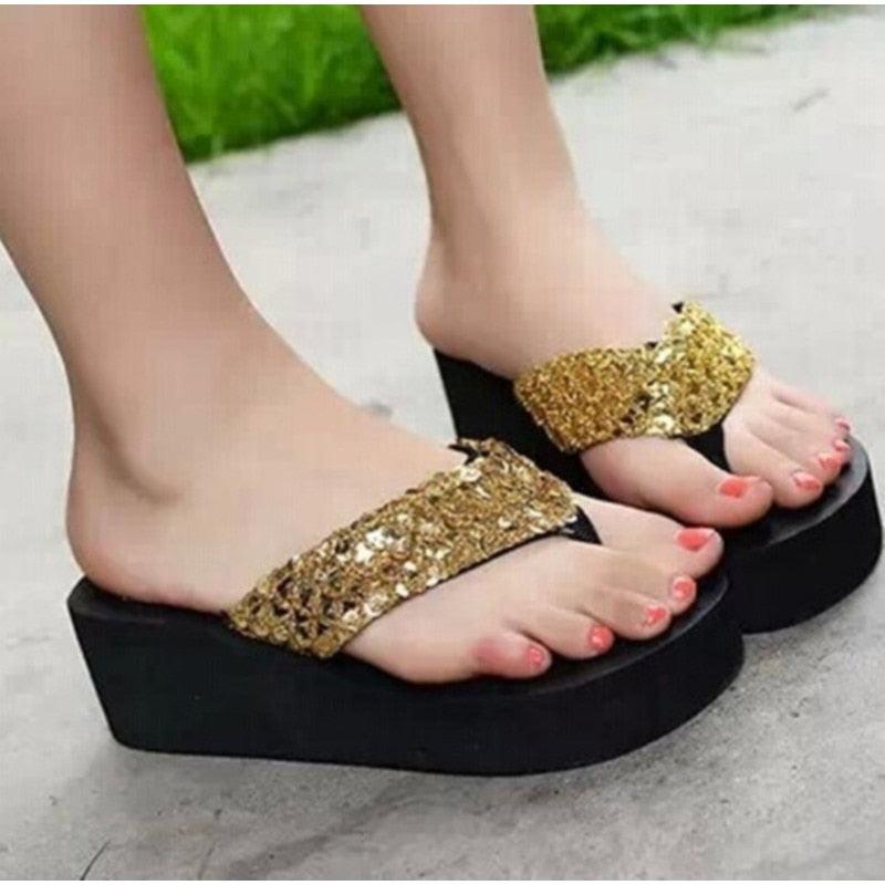 Stevvex women's gold sequin slide sandals with thick black platform sole on Tampa Home & Garden Store