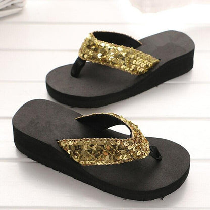Stevvex women's gold sequin platform sandals with black sole on Tampa Home & Garden Store