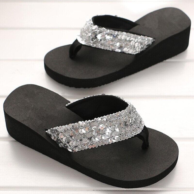 Stevvex women's sequin-strap wedge sandals, black platform with glittery silver strap on Tampa Home & Garden Store