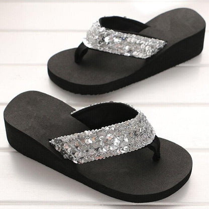 Stevvex women's sequin-strap wedge sandals, black platform with glittery silver strap on Tampa Home & Garden Store