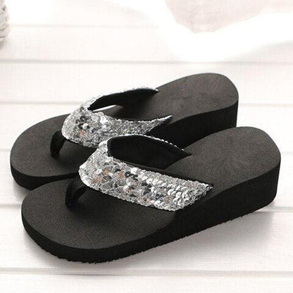 Women solid slides sandals two black platform wedges with silver sequin straps Stevvex on Tampa Home & Garden Store