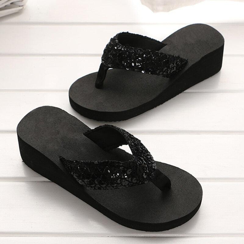 Stevvex women's black sequin thong sandals, pair with thick wedge sole on Tampa Home & Garden Store