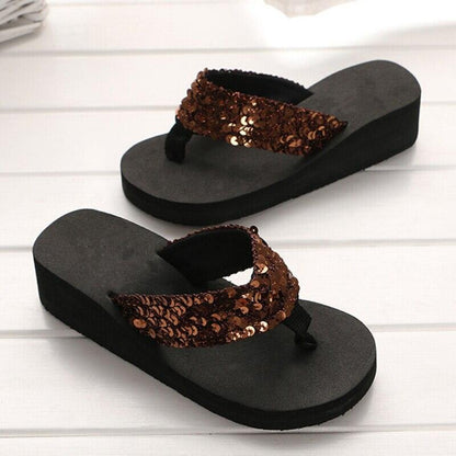 Women sequin strap sandals with brown strap and black platform for indoor outdoor on Tampa Home & Garden Store