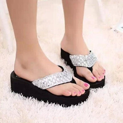 Stevvex women platform slides with silver sequin strap, black thick sole, pair for indoor outdoor on Tampa Home & Garden Store
