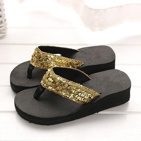 Women sequin slide sandals with black thick sole and gold sequin strap, pair on Tampa Home & Garden Store