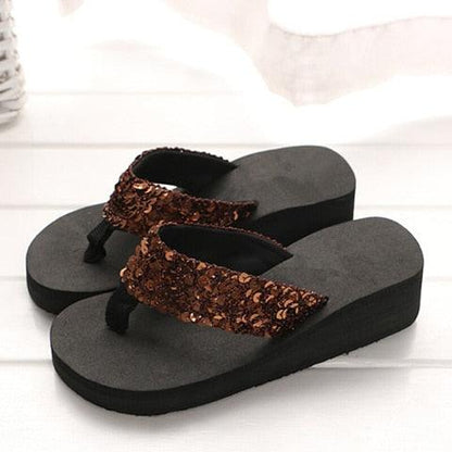 Women’s platform slides with brown sequin strap and thick black sole on Tampa Home & Garden Store