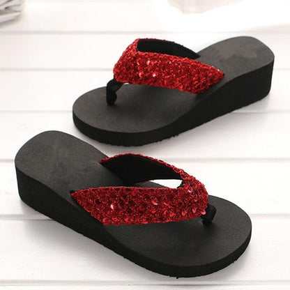 Red sequin sandals by Stevvex, women's slides with thick black sole, pair on Tampa Home & Garden Store