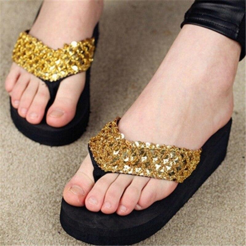 Stevvex women's gold sequin slide sandals with thick strap and black sole on Tampa Home & Garden Store