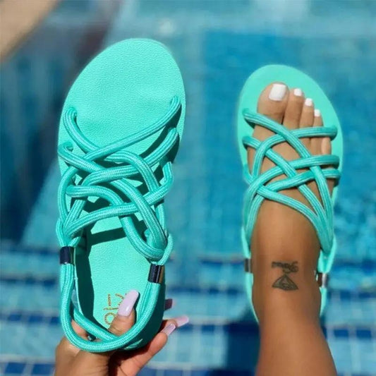 Stevvex teal sandals with crisscross rope straps, open toe, flat sole, ideal for casual wear on Tampa Home & Garden Store