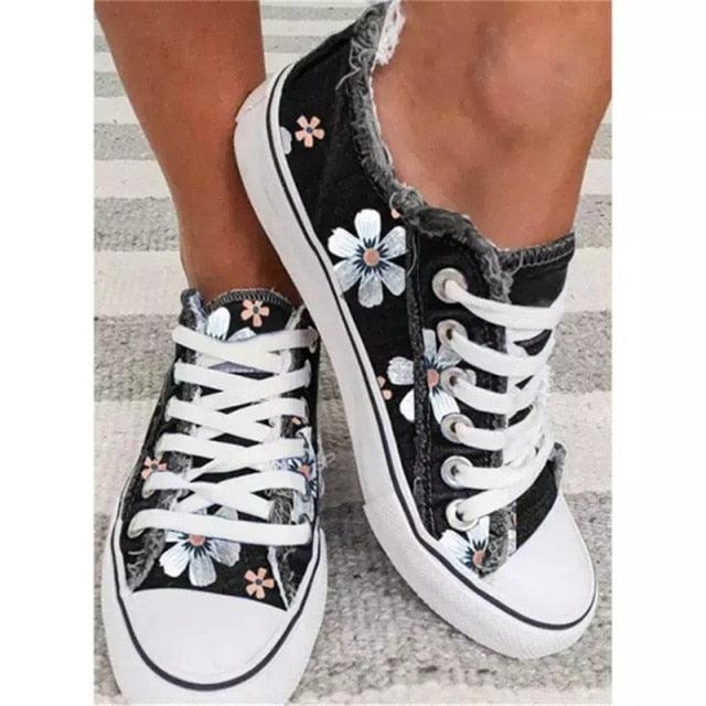 Womens floral canvas sneakers by Stevvex with white laces and flower embroidery on Tampa Home & Garden Store