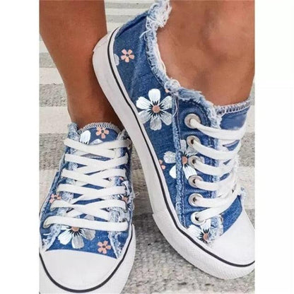 Stevvex floral denim sneakers pair with white laces, high-top canvas with frayed edges on Tampa Home & Garden Store
