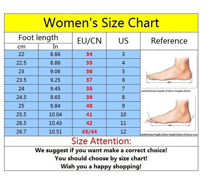 Stevvex sneakers size chart showing women's foot length and EU/US sizes on Tampa Home & Garden Store