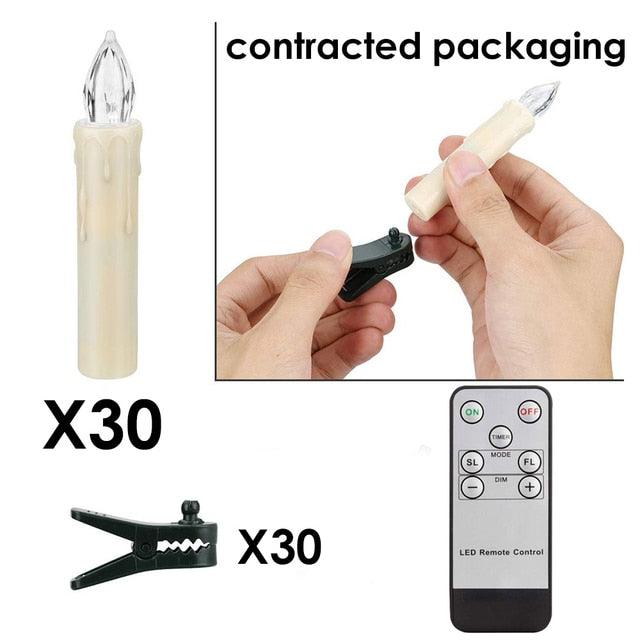 Stevvex flameless warm white LED taper candles with remote timer; 30 candles and 30 clip clamps on Tampa Home & Garden Store