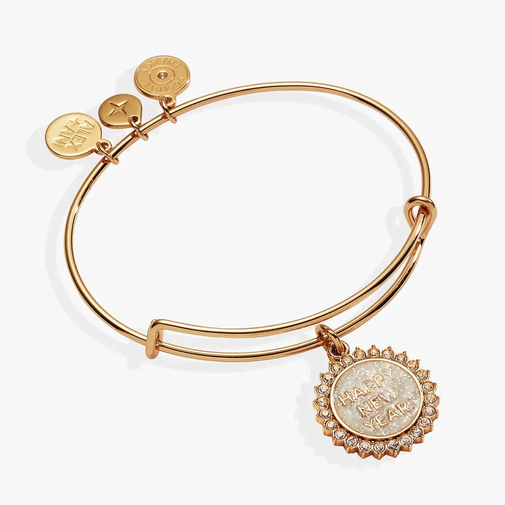 Bracelet Happy New Year Crystal Bangle by ALEX AND ANI, rose gold tone with crystal halo pendant on Tampa Home & Garden Store