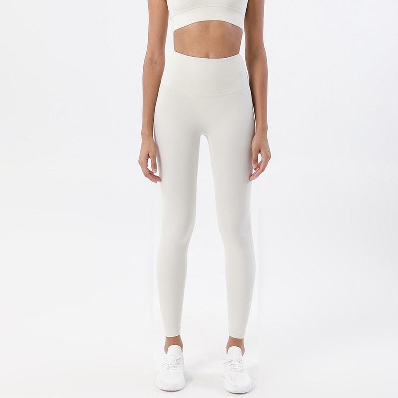 Stevvex cream high-waist yoga leggings with pocket for women, stretchy workout pants on Tampa Home & Garden Store