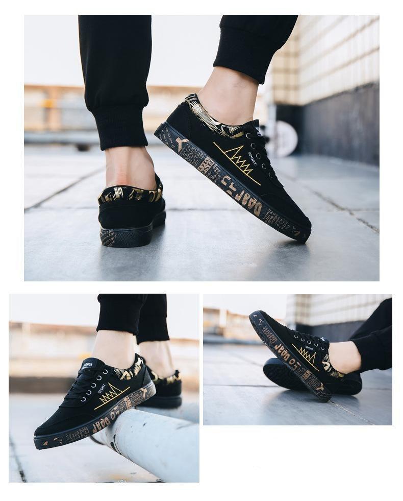 Stevvex black canvas sneakers, men's low-top lace-up casual walking shoes with gold accents on Tampa Home & Garden Store