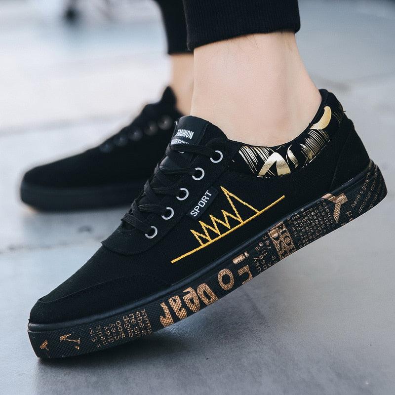 Stevvex black canvas sneakers with gold embroidery and graphic sole lace-up low-top casual shoes on Tampa Home & Garden Store