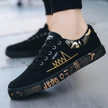 Stevvex black canvas sneakers with gold embroidery and graphic sole lace-up low-top casual shoes on Tampa Home & Garden Store