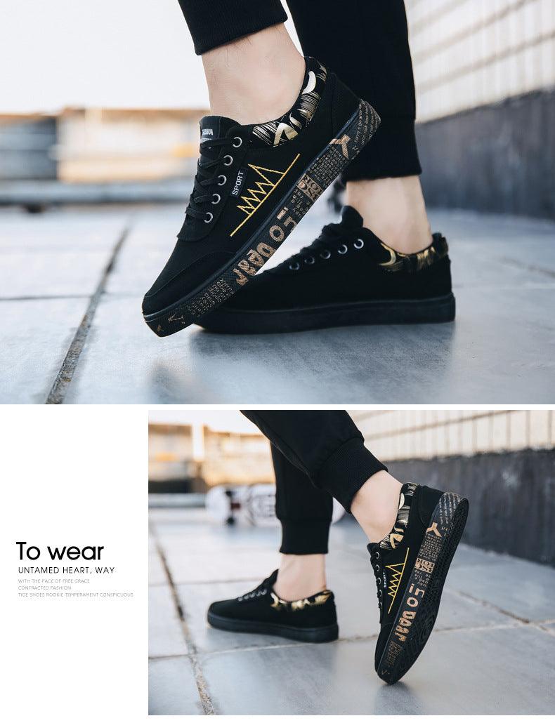 Stevvex men's black canvas sneakers with gold accents, low-top casual lace-up walking flats on Tampa Home & Garden Store