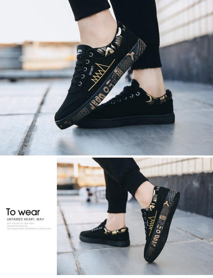 Stevvex men's black canvas sneakers with gold accents, low-top casual lace-up walking flats on Tampa Home & Garden Store