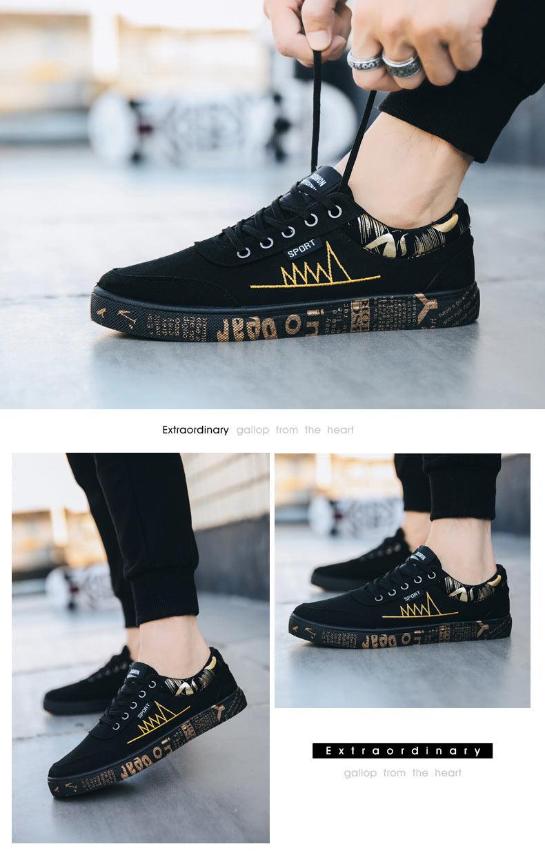 Stevvex men's black canvas sneakers with gold mountain embroidery, lace-up low-top casual on Tampa Home & Garden Store