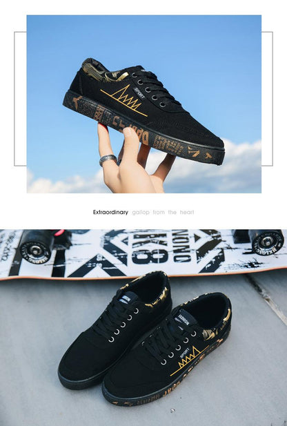 Stevvex men's black canvas sneakers with gold accents, lace-up low-top casual walking shoes on Tampa Home & Garden Store