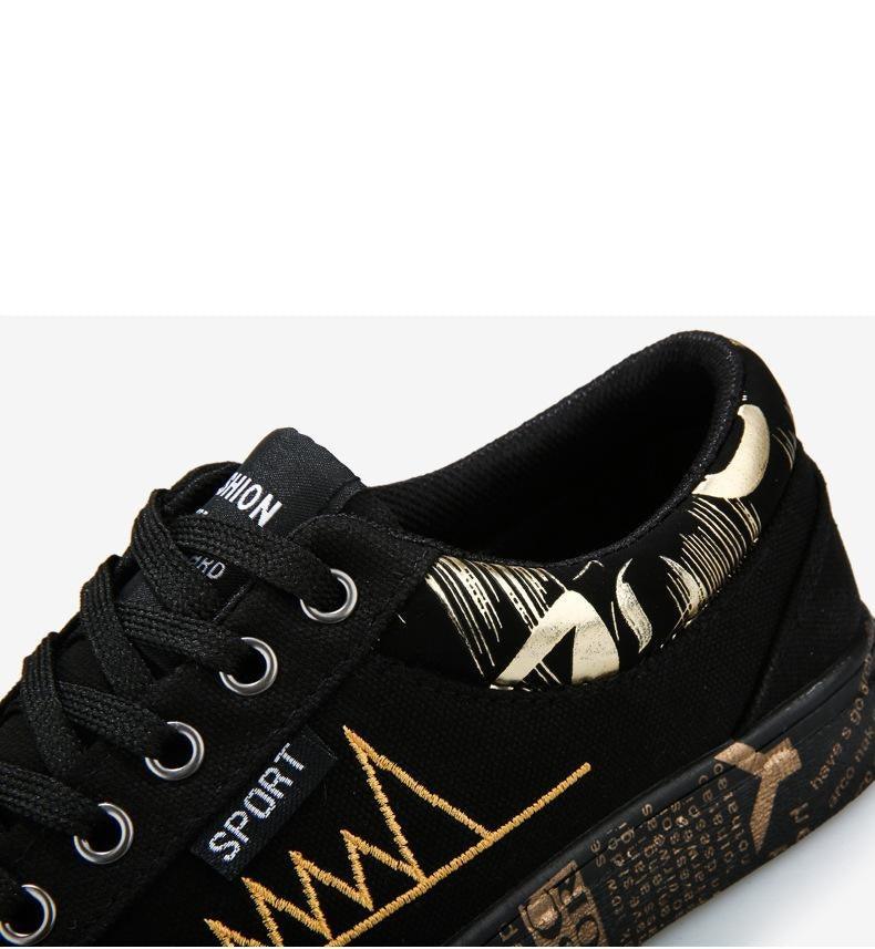 Canvas sneakers Stevvex in black with gold embroidery, lace-up low-top casual shoes on Tampa Home & Garden Store