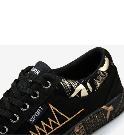 Canvas sneakers Stevvex in black with gold embroidery, lace-up low-top casual shoes on Tampa Home & Garden Store