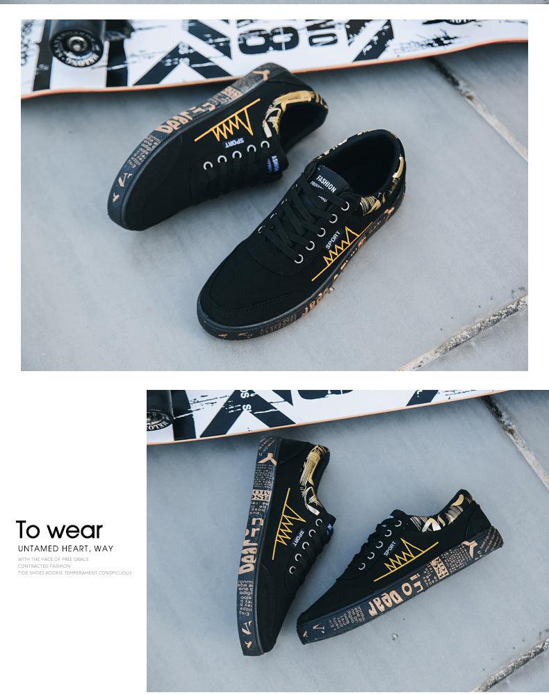 Stevvex black canvas sneakers with yellow geometric accents, low-top lace-up walking shoes on Tampa Home & Garden Store