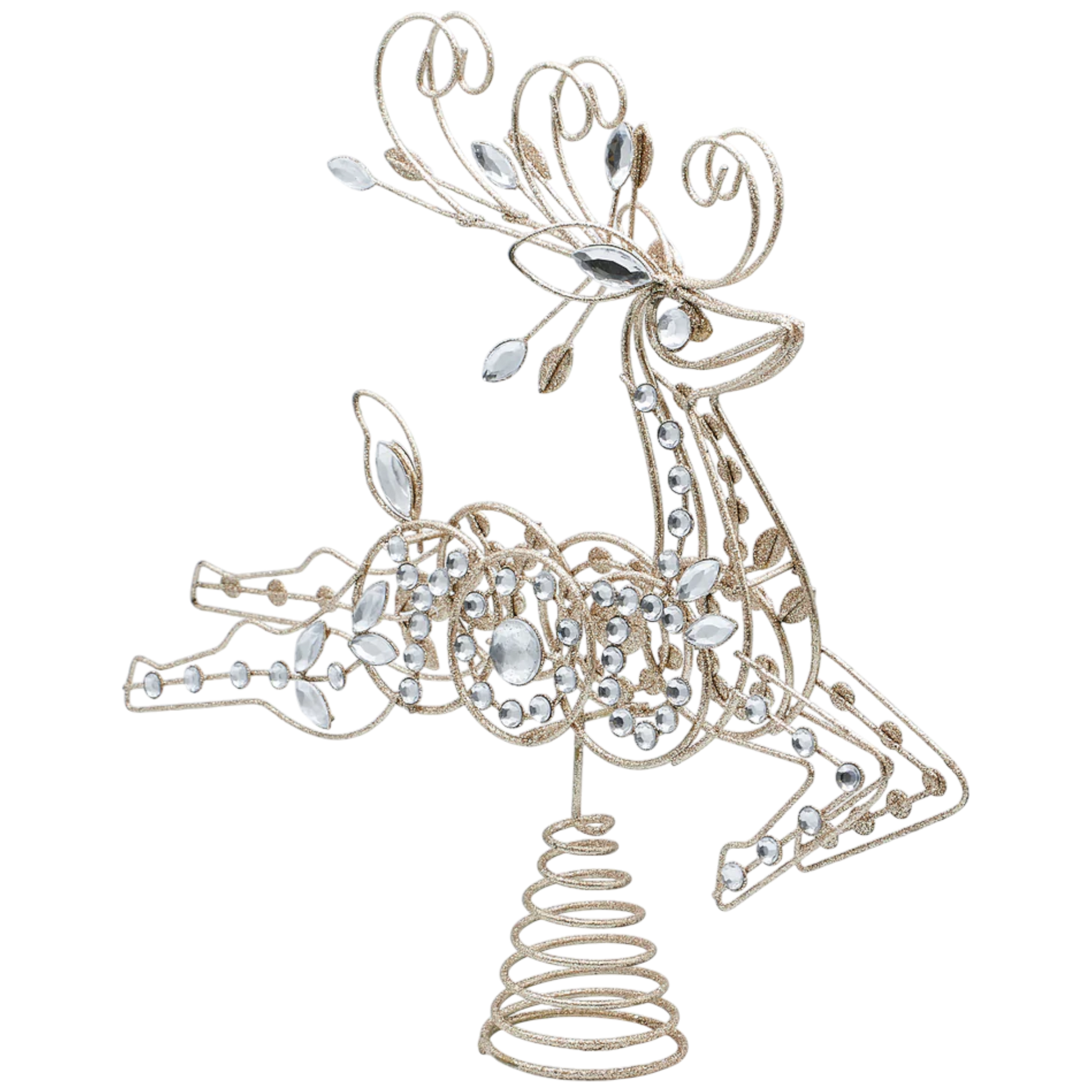 Crystal & Wire Reindeer Treetopper 13in, gold glitter wire with crystal rhinestones on Tampa Home & Garden Store