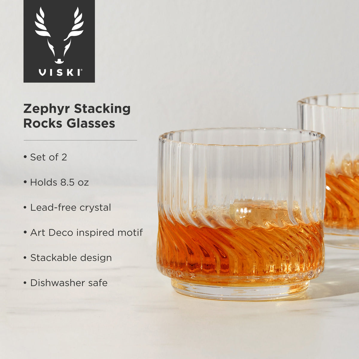 Zephyr Crystal Lowball Tumblers, Viski, set of 2 amber ribbed stemless rocks glasses on Tampa Home & Garden Store