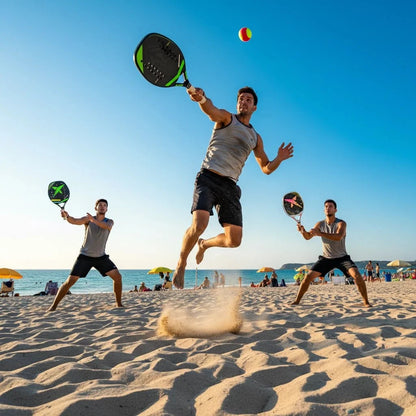 Beach Tennis Racket EstaliosFit carbon fiber with carry bag, three players volley on sunny beach on Tampa Home & Garden Store