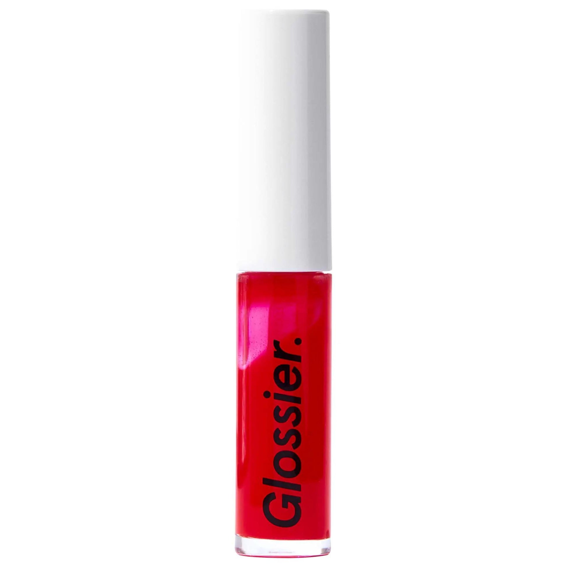 Lip gloss tube, red shade, clear bottle, white cap, Beauty Care Bag branding, glassy shine on Tampa Home & Garden Store