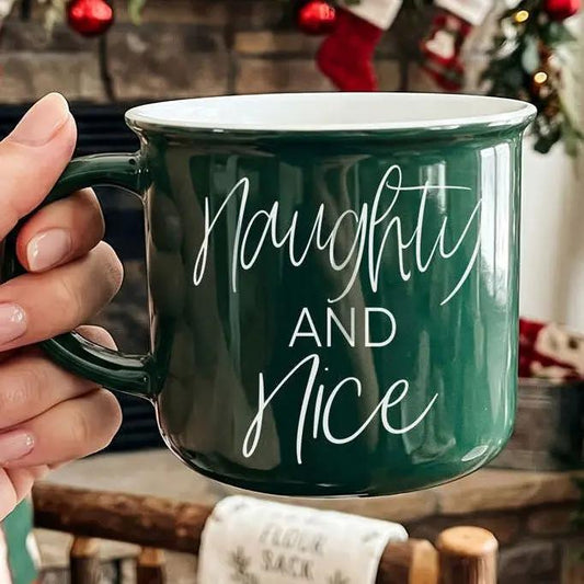 Naughty and Nice Ceramic Campfire Mug green mug with white script by Gia Roma on Tampa Home & Garden Store
