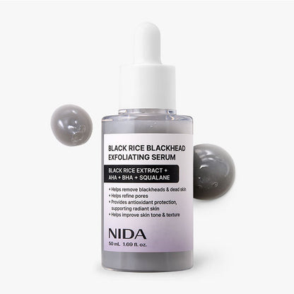NIDA Black Rice Blackhead Exfoliating Serum 50ml bottle with white dropper on Tampa Home & Garden Store