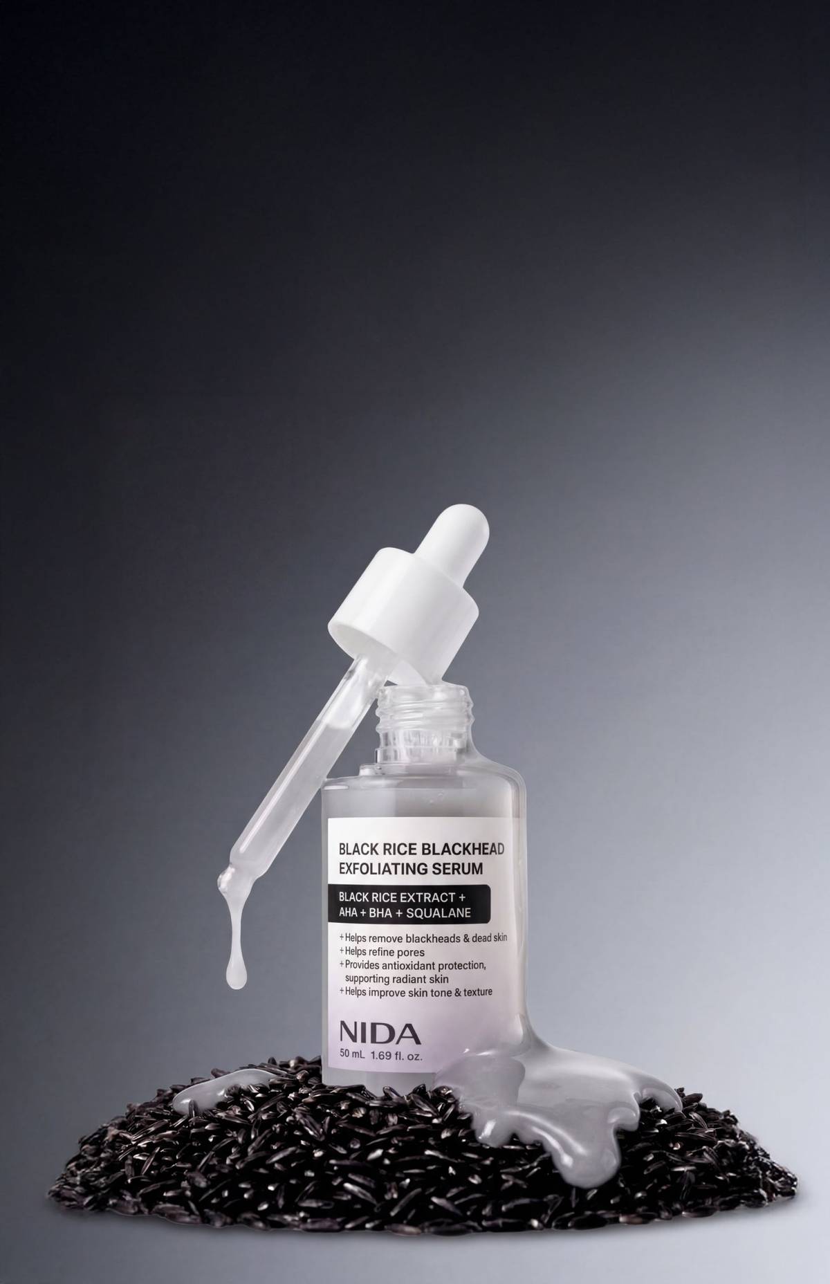 NIDA Black Rice Blackhead Exfoliating Serum bottle with dropper, 50 ml, Seoulia brand on Tampa Home & Garden Store