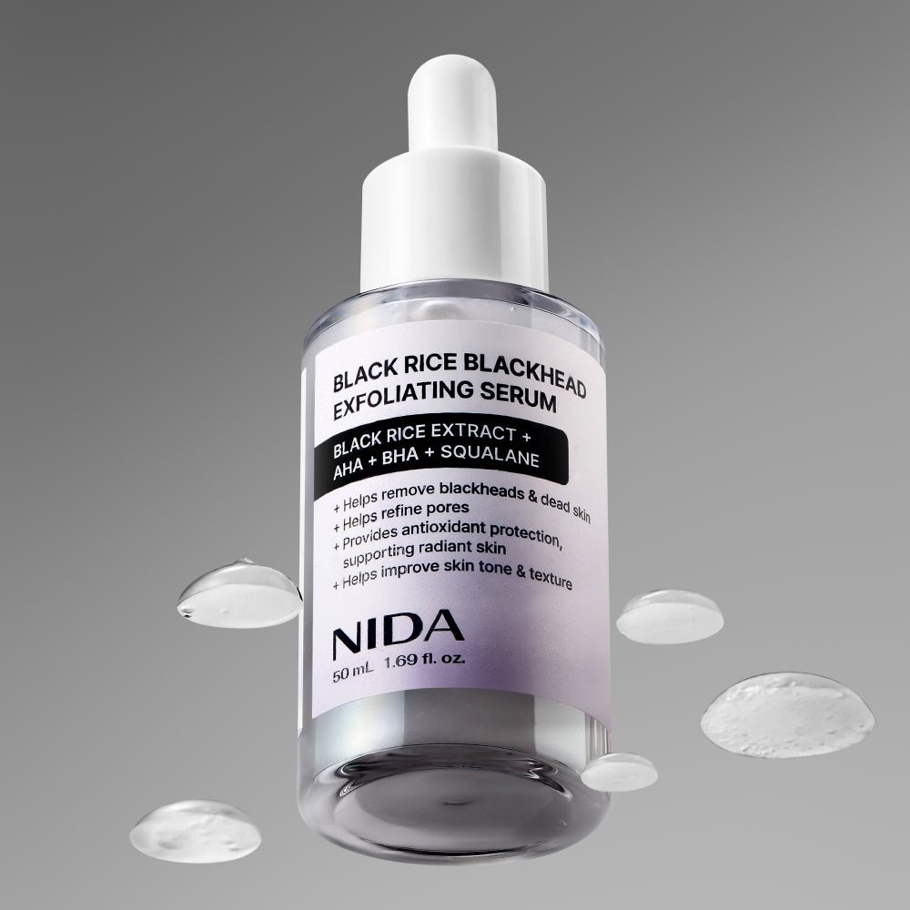 NIDA Black Rice Blackhead Exfoliating Serum bottle with clear glass and white dropper, 50 ml tag on Tampa Home & Garden Store