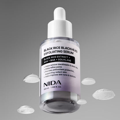 NIDA Black Rice Blackhead Exfoliating Serum bottle with clear glass and white dropper, 50 ml tag on Tampa Home & Garden Store