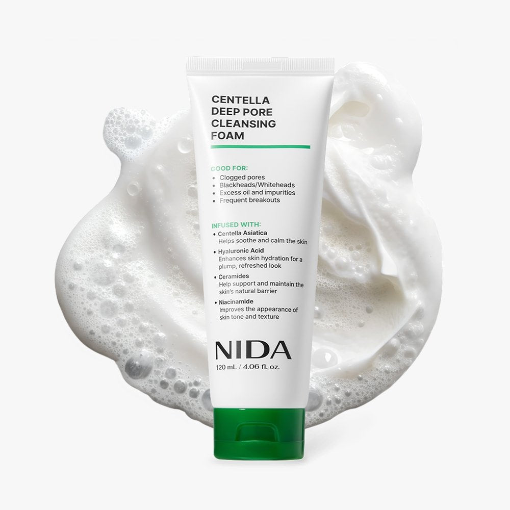 Cleansing foam tube NIDA Centella Deep Pore Cleansing Foam 120ml, white with green cap on Tampa Home & Garden Store