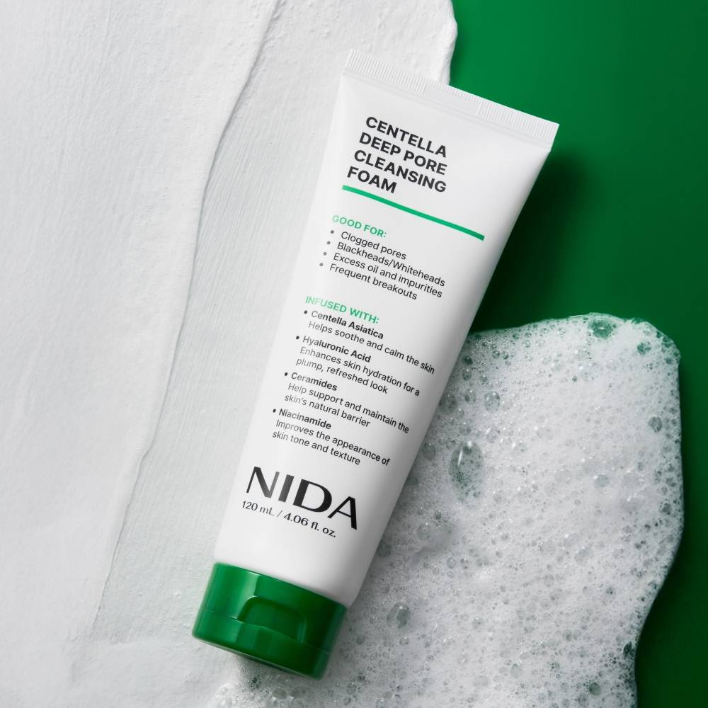 NIDA Centella Deep Pore Cleansing Foam tube with green cap, white packaging, 120 ml on Tampa Home & Garden Store