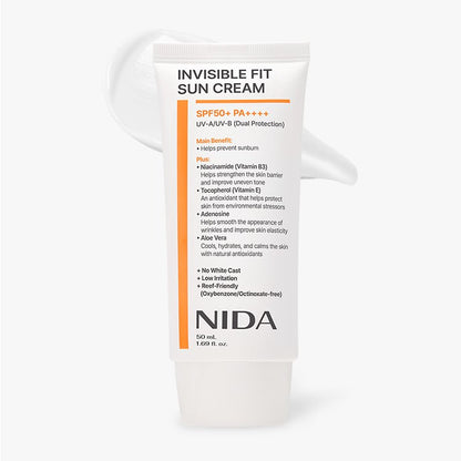 NIDA Invisible Fit Sun Cream 50ml white tube with orange SPF50+ PA++++ label Seoulia sunscreen on Tampa Home & Garden Store
