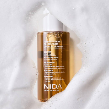 NIDA Perfect Clear Oil-To-Foam Double Cleanser bottle with white pump, amber 145 ml on Tampa Home & Garden Store