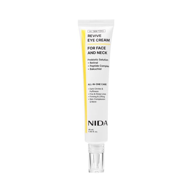 Eye cream NIDA Revive for face and neck by Seoulia, 40 ml white tube with yellow stripe on Tampa Home & Garden Store