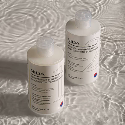 NIDA shampoo bottles, 250 ml, white plastic with clear pumps, two bottles on water backdrop on Tampa Home & Garden Store
