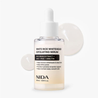 NIDA White Rice Whitehead Exfoliating Serum bottle with white dropper, clear glass 50 ml on Tampa Home & Garden Store
