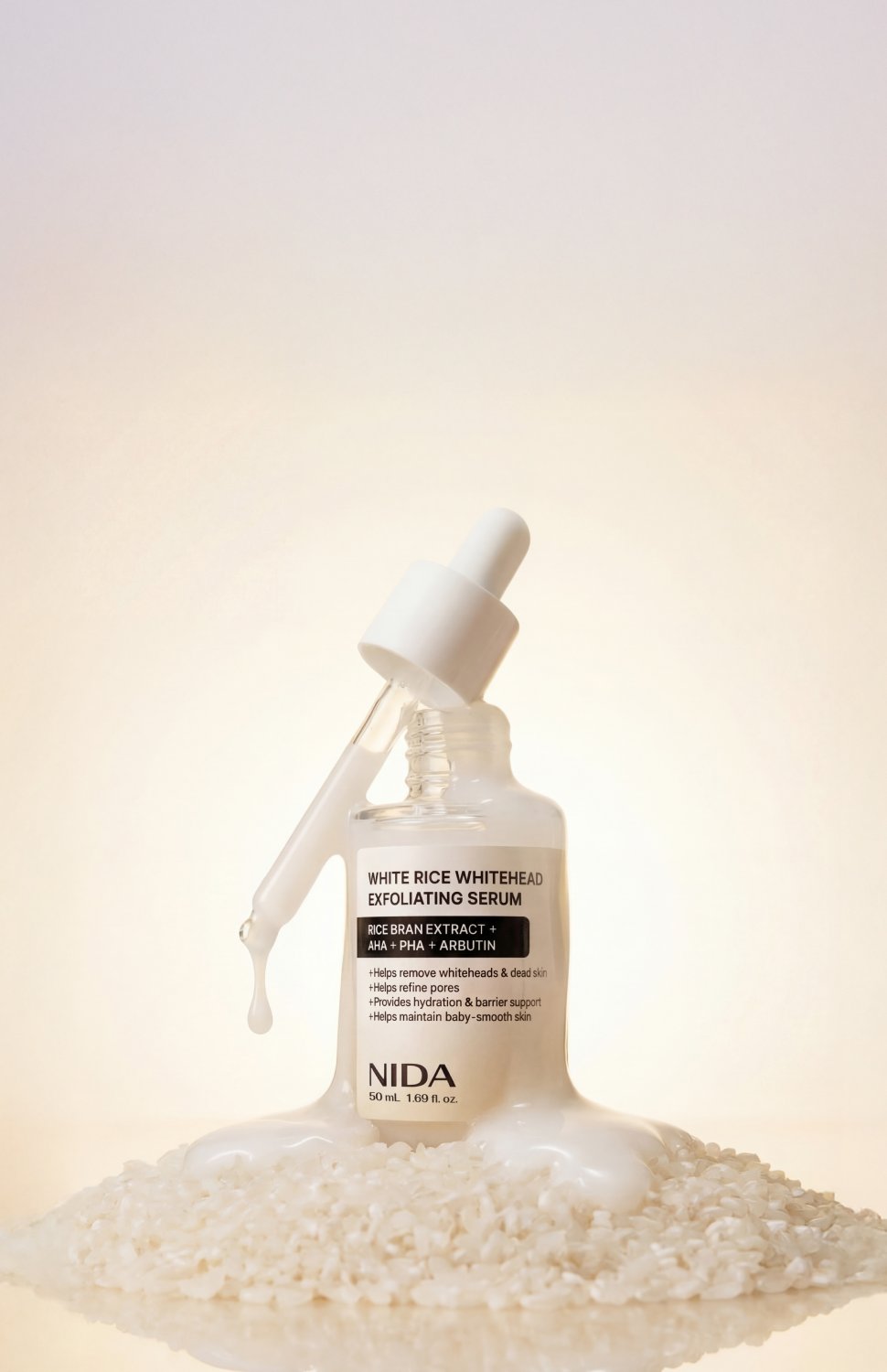 NIDA White Rice Whitehead Exfoliating Serum bottle with glass dropper, white label on Tampa Home & Garden Store